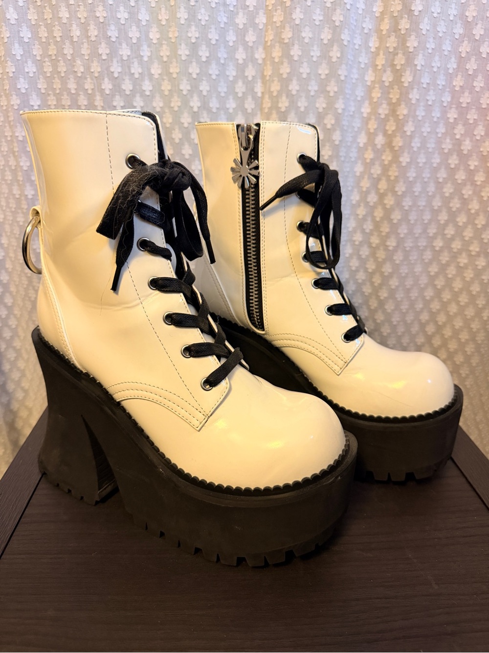 Size 8 Delia’s Platform Faux Leather Combat Boots White and Black Lace-Up Heels